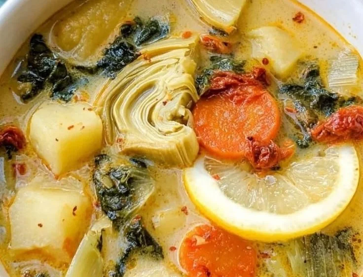 Bowl of Lemony Tuscan Artichoke Soup garnished with herbs and lemon slices.
