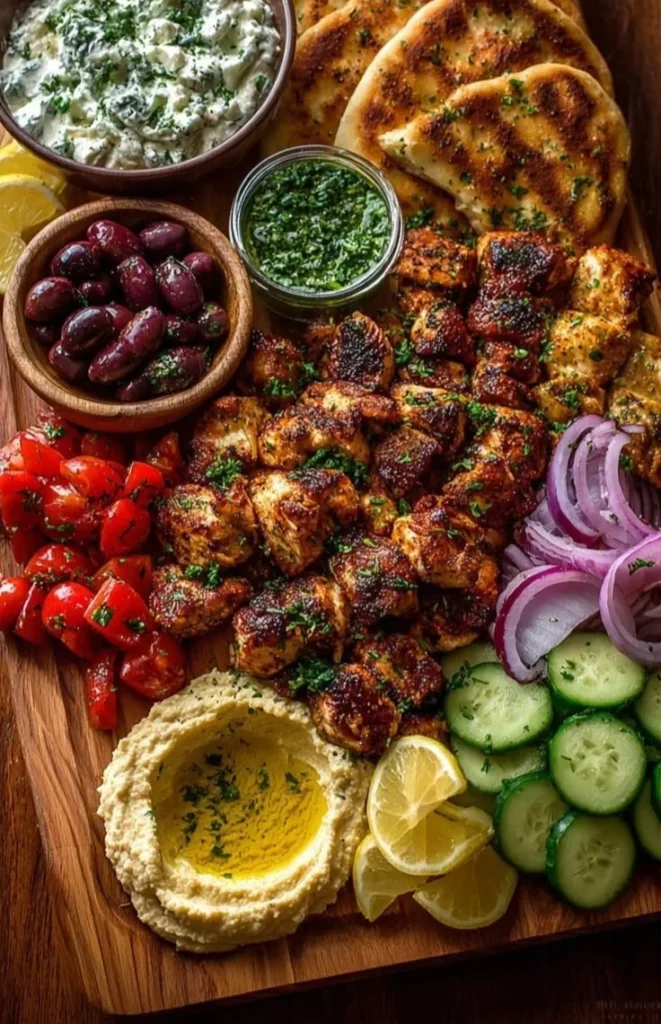 Loaded Mediterranean Chicken Souvlaki Grazing Board with vibrant vegetables and dips
