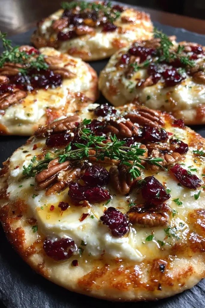 Loaded mini pizza with brie, cranberries, and pecans topped with hot honey drizzle.