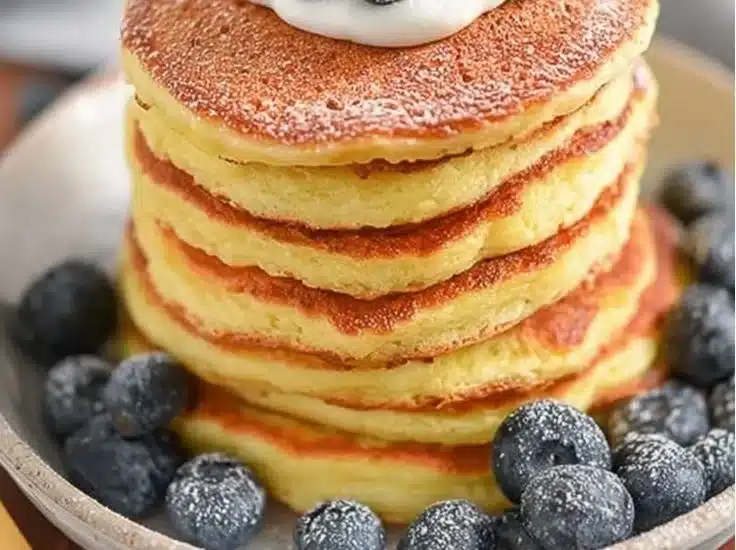 Fluffy low calorie Greek yogurt pancakes on a plate with fresh berries