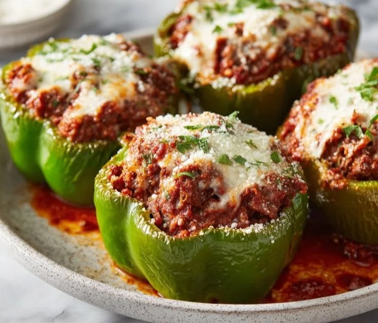 Low carb lasagna stuffed peppers filled with cheese and marinara sauce