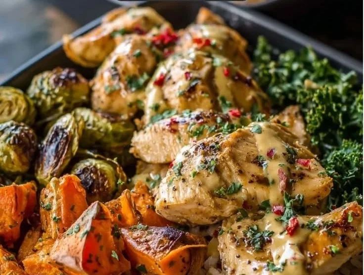 Maple Dijon Chicken Sweet Potato Bowl with vibrant ingredients and textures