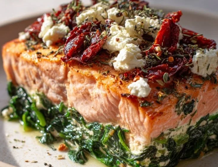 Mediterranean baked salmon with feta on a plate, garnished with herbs.