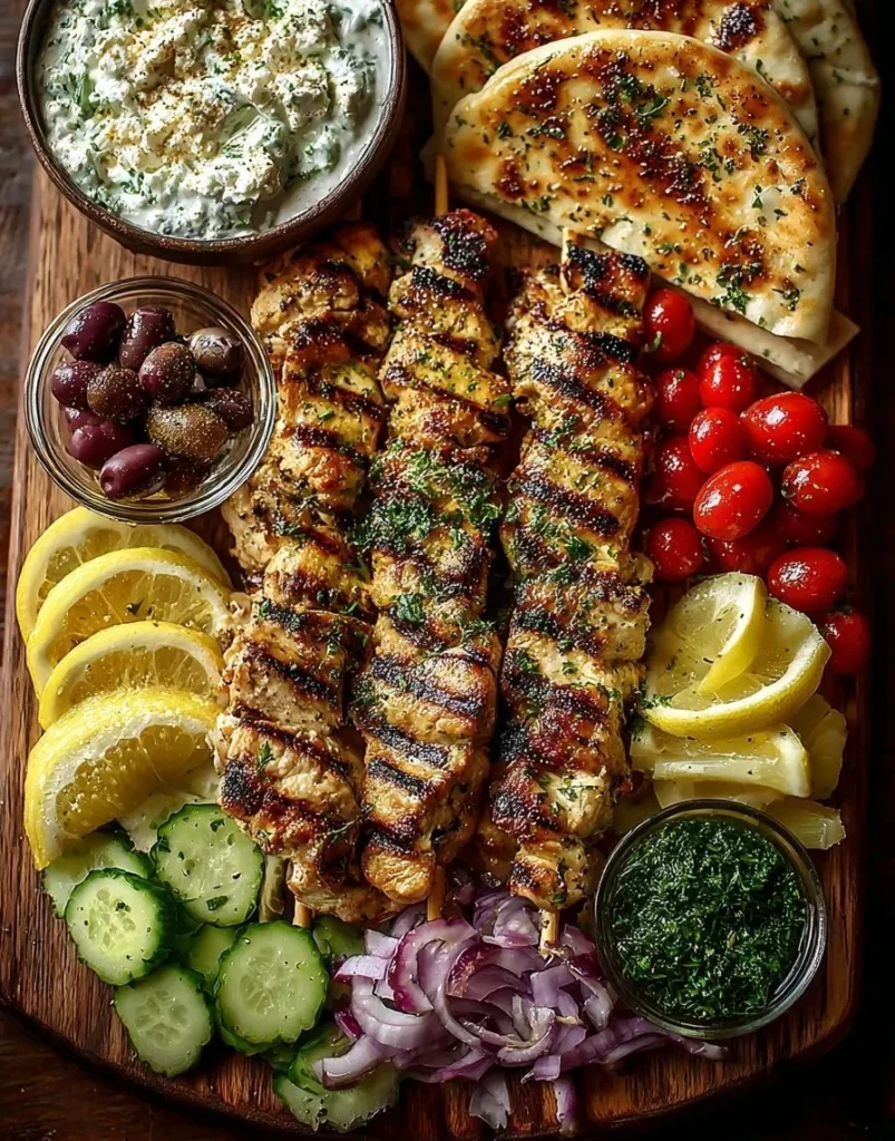 Mediterranean Greek Chicken Souvlaki grazing board with lemon herb feta dip