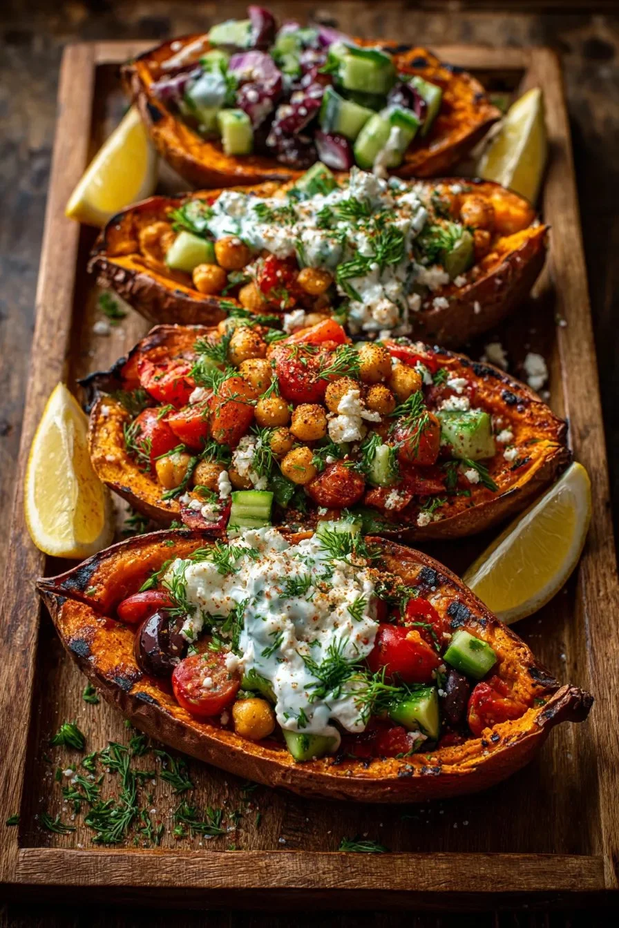 Mediterranean stuffed sweet potato boats topped with fresh ingredients