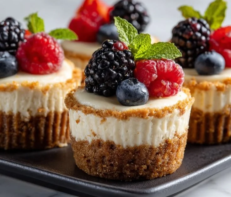 Mini protein cheesecakes topped with fresh berries and cream in a dessert dish.
