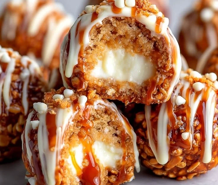 No-bake salted caramel pretzel cheesecake bites topped with caramel drizzle