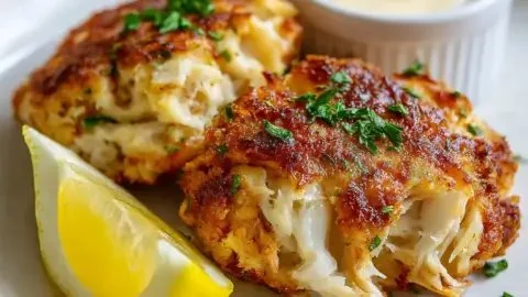 Jumbo lump crab cakes with Old Bay seasoning served on a plate