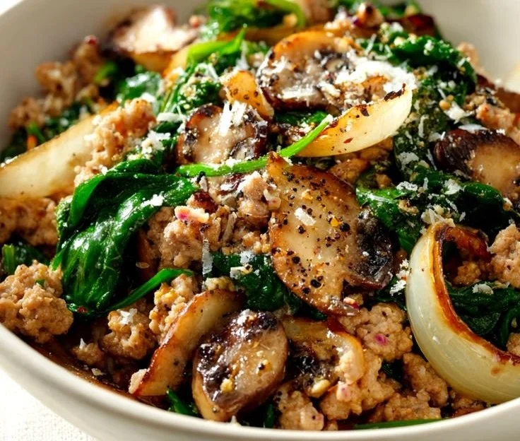 One-pan ground turkey skillet dish with spinach and colorful vegetables