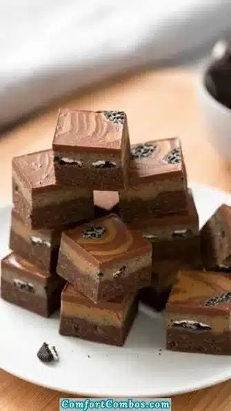 Oreo Peanut Butter Fudge Bites topped with chocolate chips on a plate