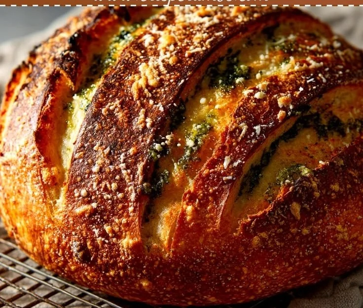 Freshly baked Pesto Parmesan Sourdough bread with herbs and cheese.