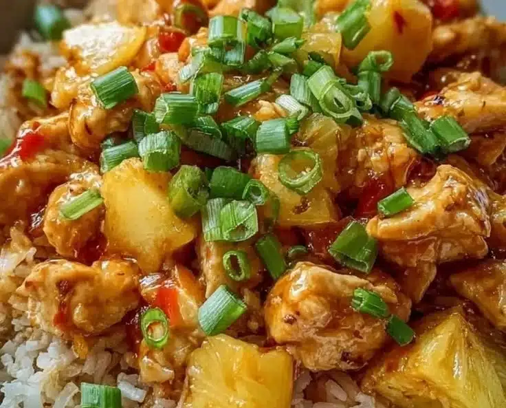 Delicious Pineapple Chicken served with rice on a plate