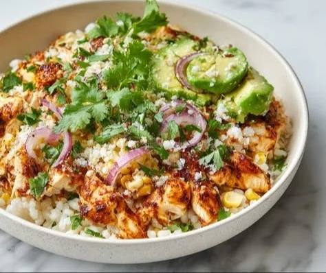 Delicious Mexican street corn chicken bowls topped with fresh ingredients