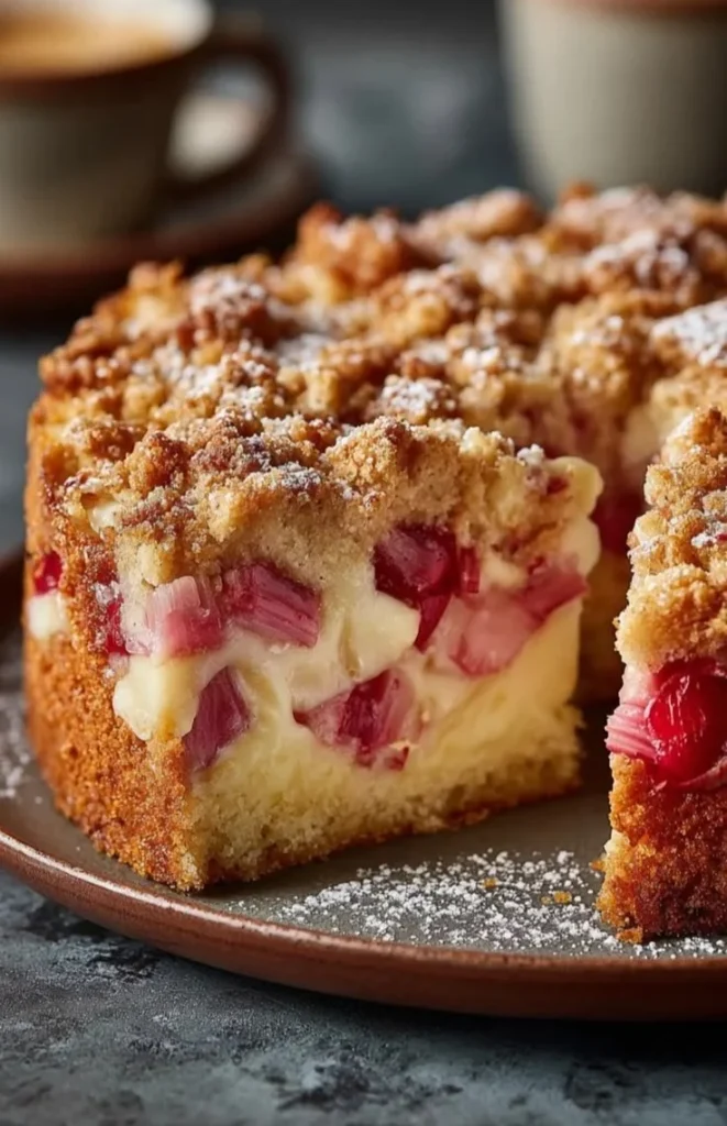 Delicious slice of Rhubarb Custard Cake with creamy custard and fresh rhubarb