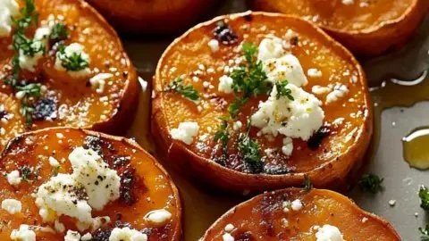 Roasted sweet potato rounds topped with honey and feta cheese for a unique flavor