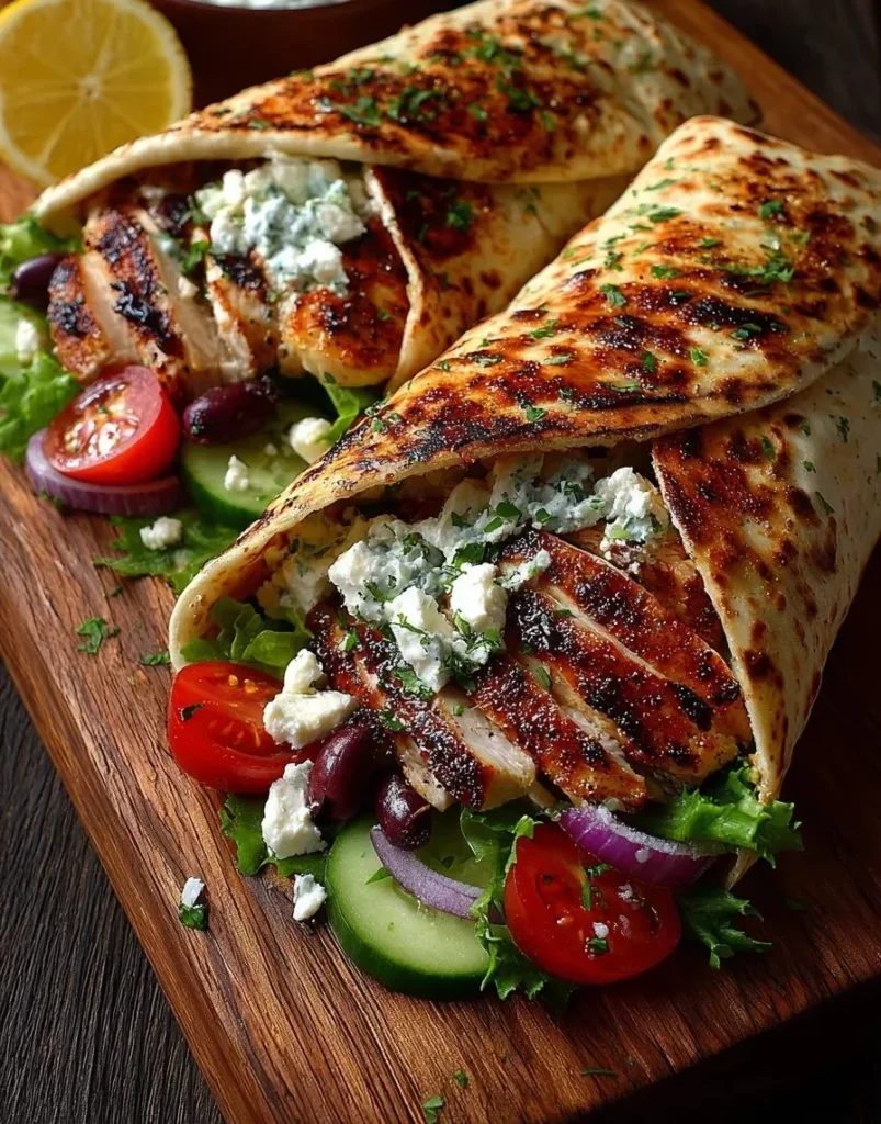 Rustic Greek chicken wraps with roasted garlic feta dip served on a plate