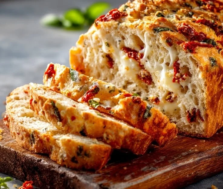Freshly baked savory tomato basil bread sliced and ready to enjoy