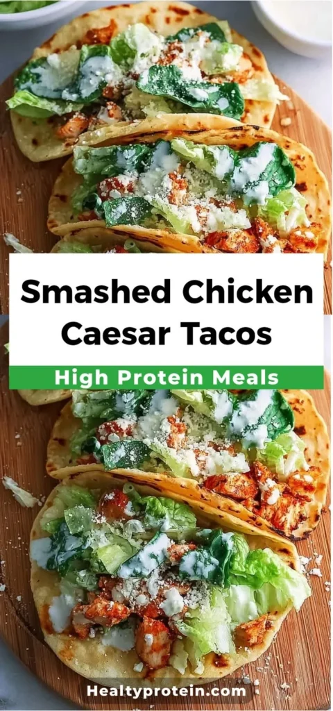 Smash Chicken Caesar Tacos with shredded chicken and fresh toppings