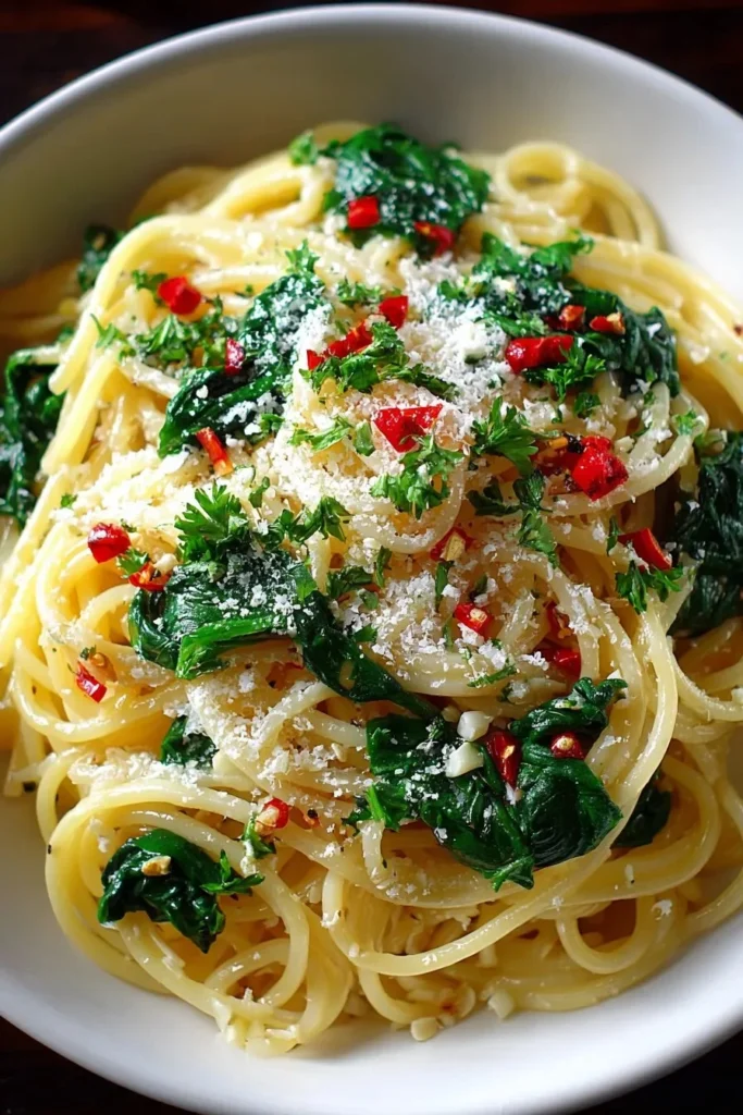 Spaghetti with garlic and spinach garnished with parmesan cheese