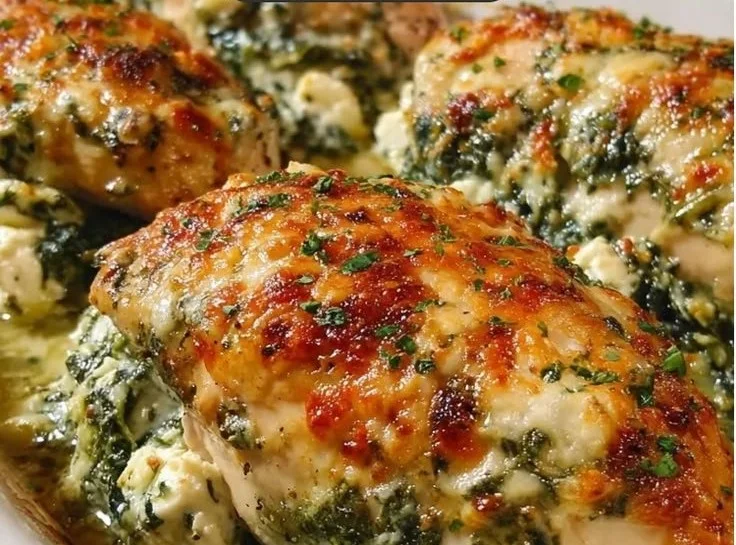Delicious Spinach and Feta Baked Chicken served on a plate.