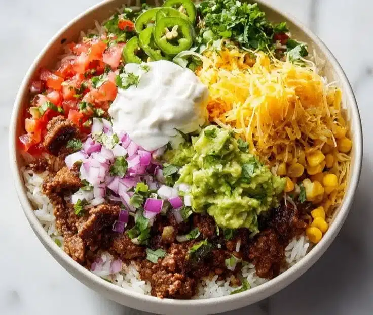 Delicious Taco Rice Bowl topped with fresh ingredients and served in a vibrant bowl