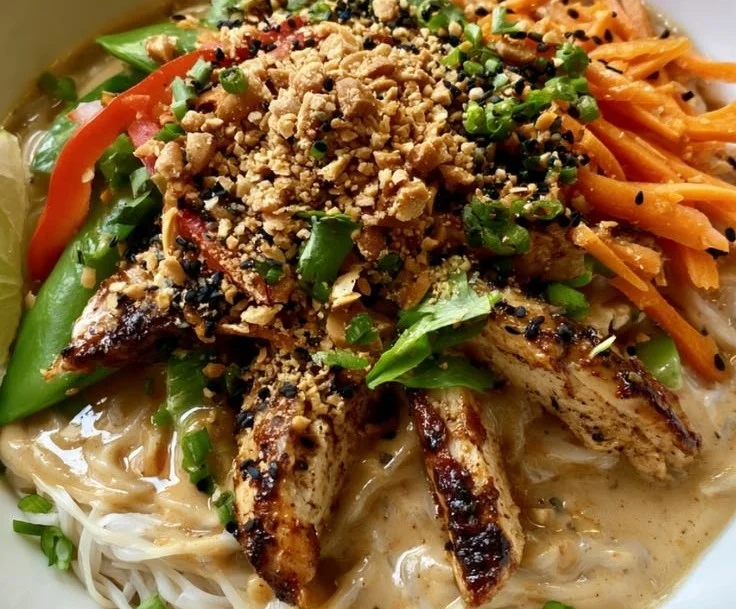 Delicious Thai Peanut Chicken Noodle Bowl garnished with vegetables