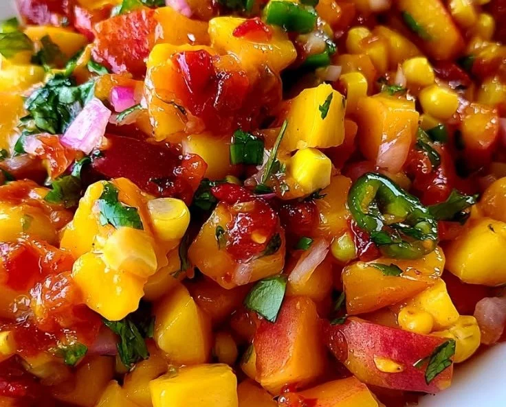 Delicious peach mango salsa served in a bowl with fresh ingredients around it