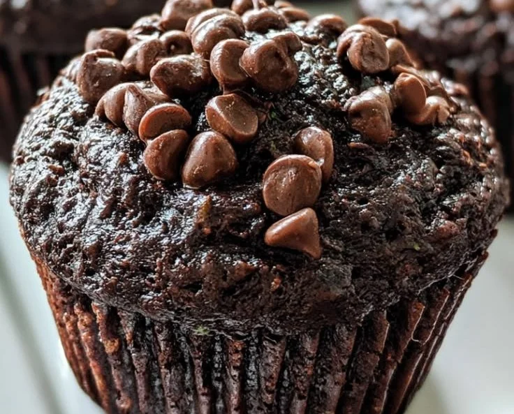 Triple chocolate zucchini muffins with chocolate chips and zucchini slices
