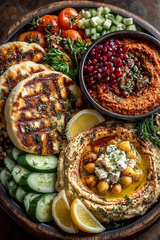 Turkish style mezze board with hummus, muhammara, and warm flatbread