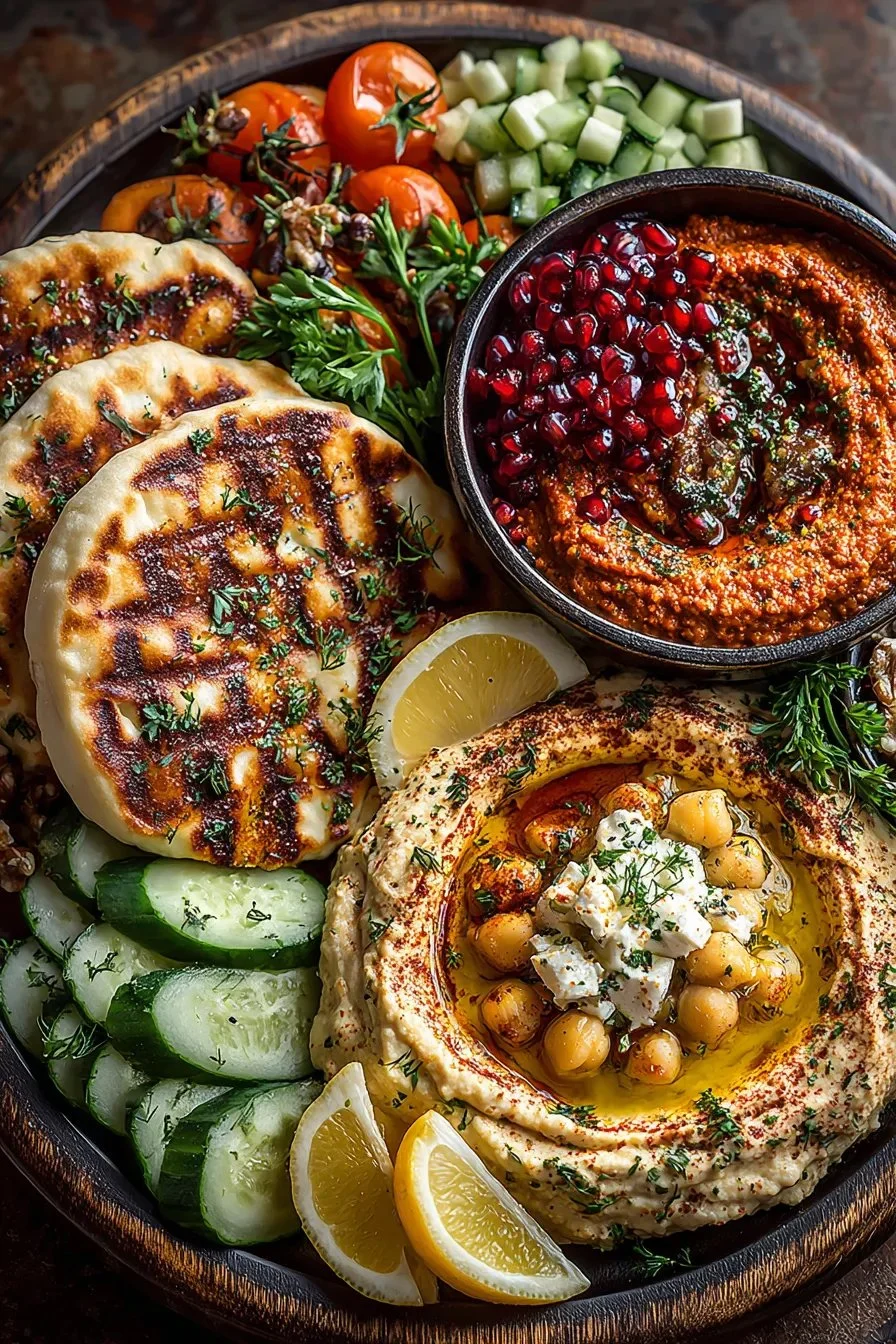 Turkish style mezze board with hummus, muhammara, and warm flatbread