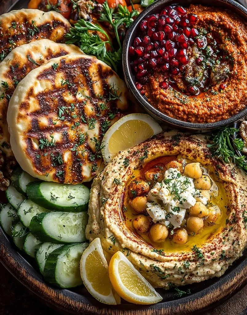 Turkish style mezze board with hummus, Muhammara, and warm flatbread.