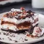 No bake chocolate lasagna with creamy layers and chocolate topping