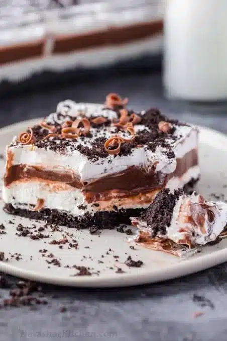 No bake chocolate lasagna with creamy layers and chocolate topping