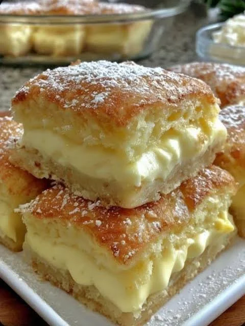 Vanilla custard cream squares topped with fresh berries on a white plate.