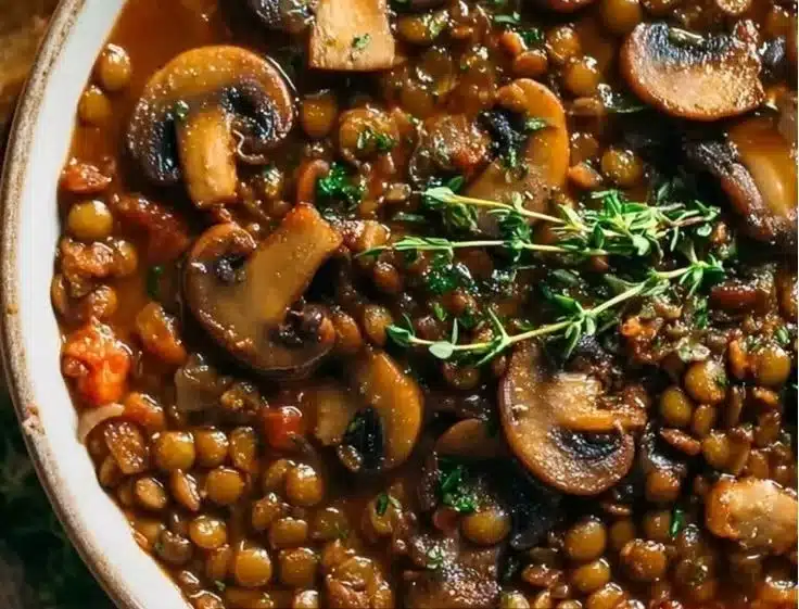 Bowl of Vegan Lentil Mushroom Stew with hearty vegetables and lentils