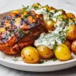 Delicious yogurt marinated chicken thighs ready to be grilled.