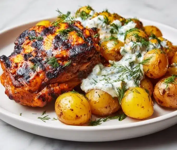 Delicious yogurt marinated chicken thighs ready to be grilled.