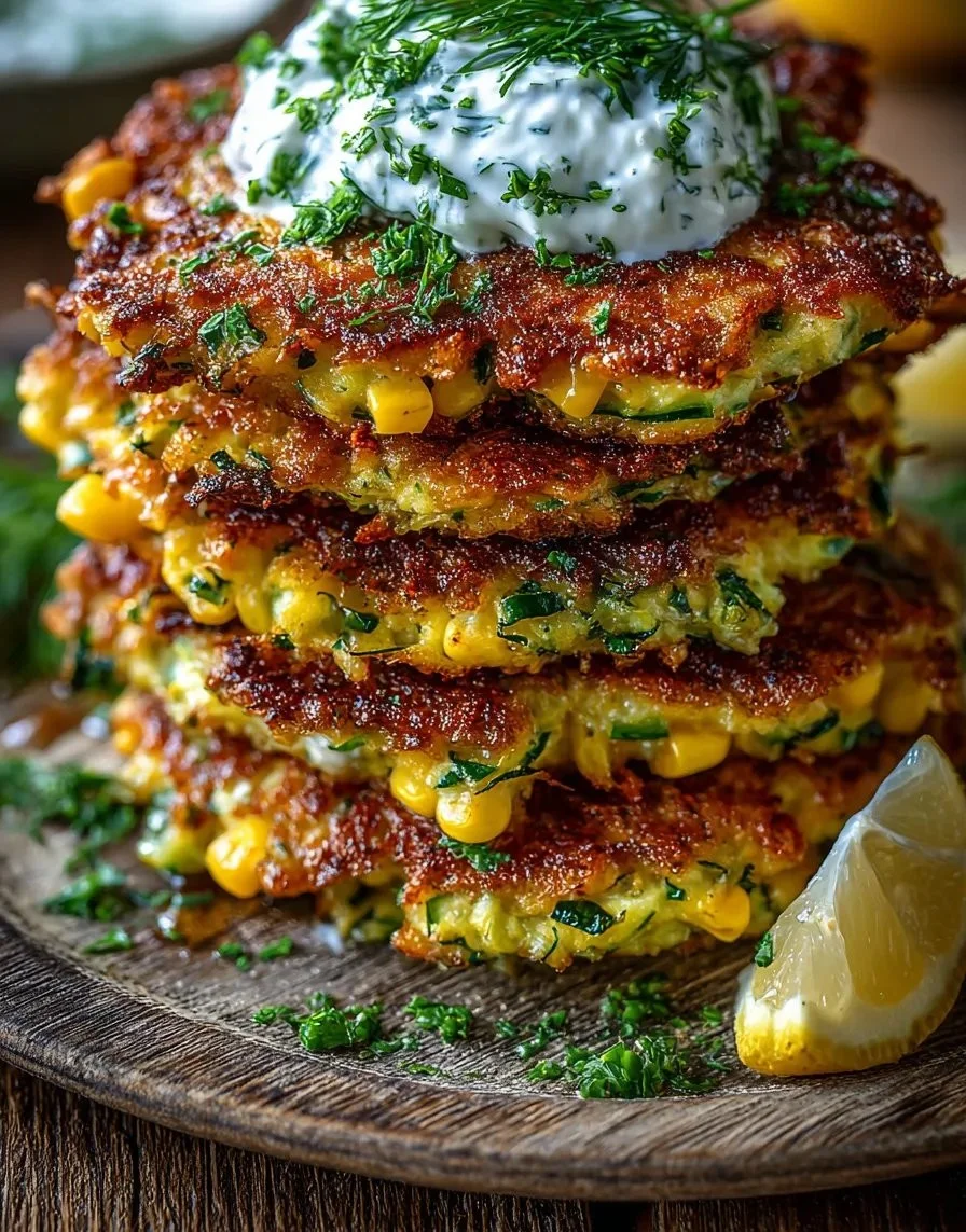 Crispy zucchini corn fritters served with tzatziki sauce on a plate