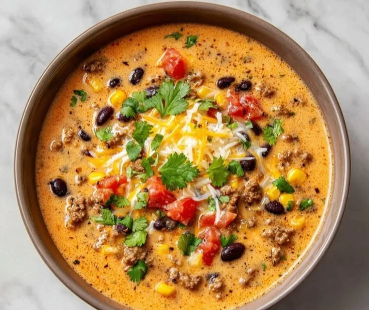 Bowl of 25-Minute High Protein Creamy Taco Soup topped with cheese and cilantro