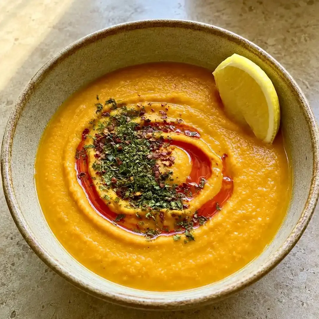 Bowl of authentic Turkish Lentil Soup (Mercimek Soup) garnished with herbs