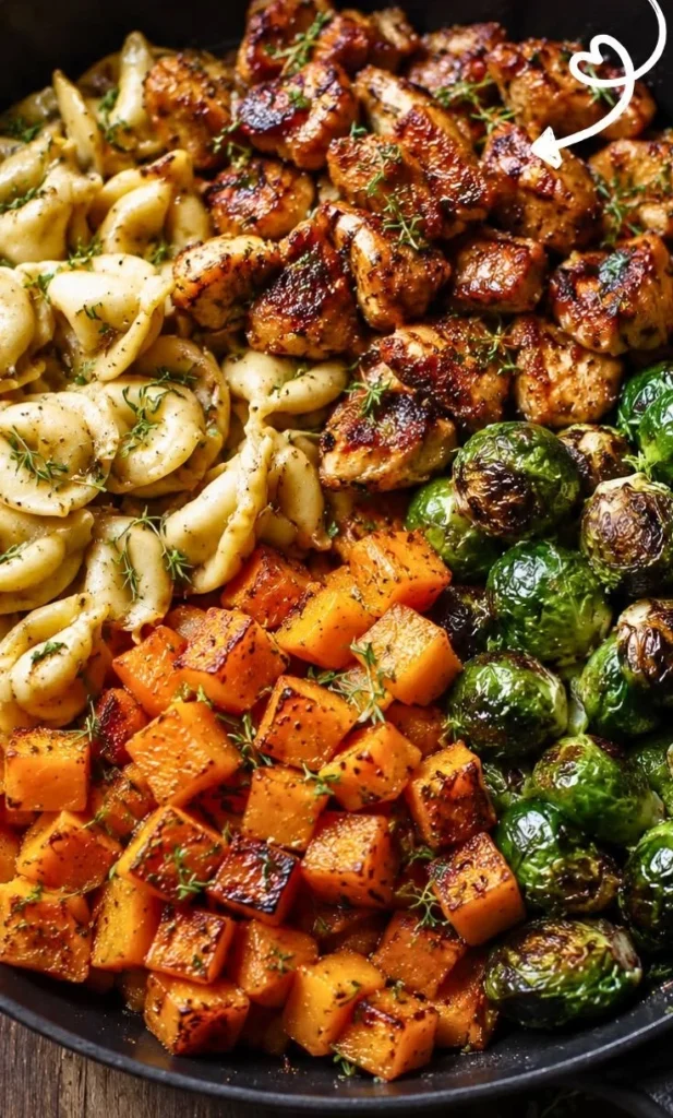Delicious autumn Chicken Tortellini Dinner served with fresh herbs and vegetables