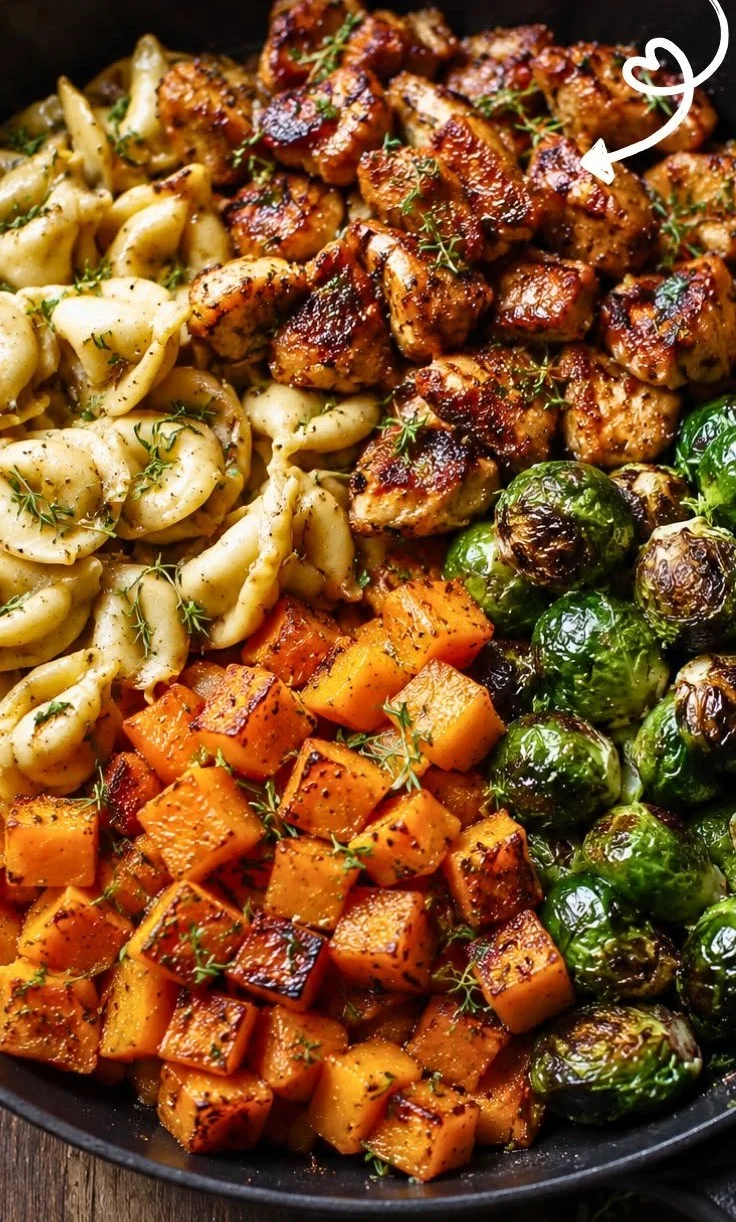 Delicious autumn Chicken Tortellini Dinner served with fresh herbs and vegetables