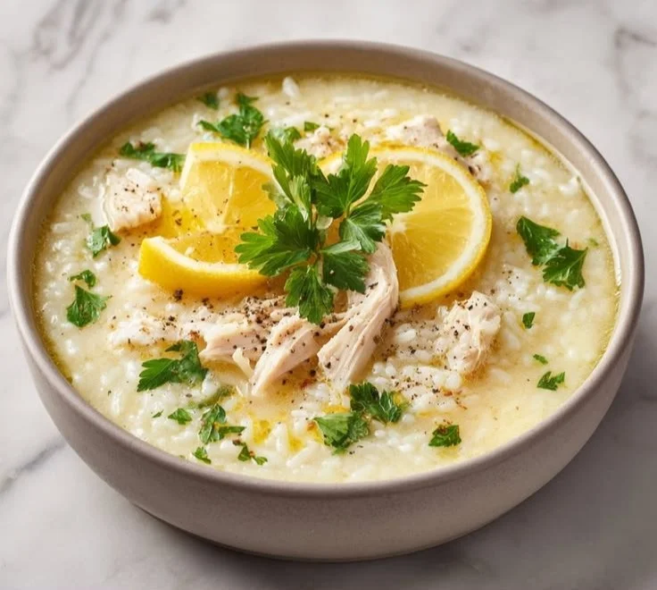 Bowl of traditional Avgolemono, Greek lemon chicken soup, garnished with herbs.