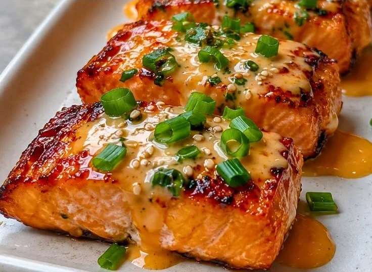 Baked Bang Bang Salmon garnished with sauce and herbs on a plate