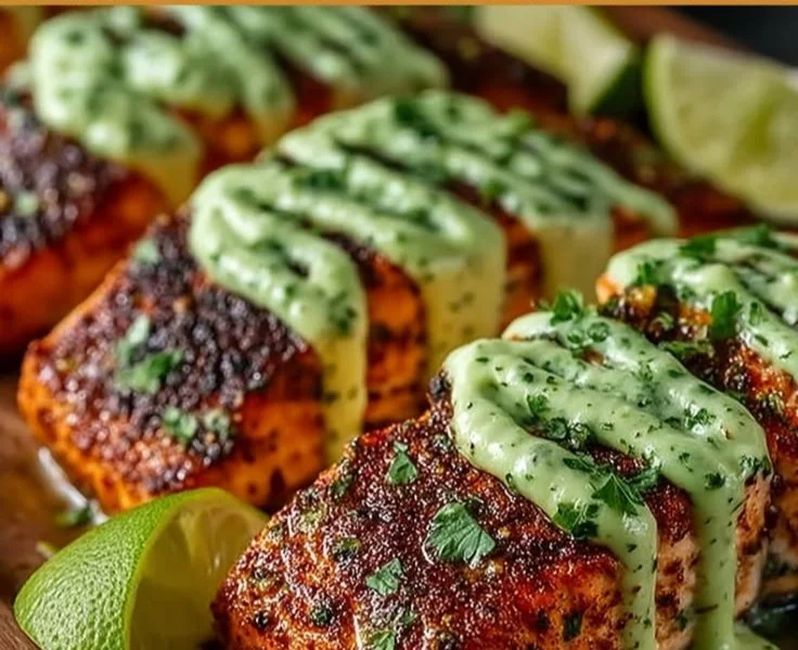 Baked Cajun Salmon served with creamy avocado lime sauce on a plate