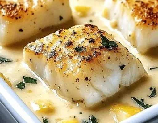 Baked cod fillets drizzled with coconut lemon cream sauce on a plate
