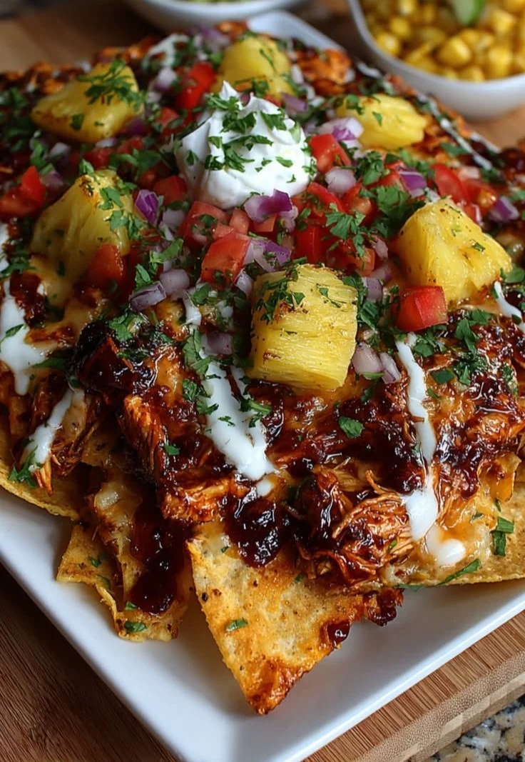 BBQ Chicken Nachos topped with grilled pineapple and cheese