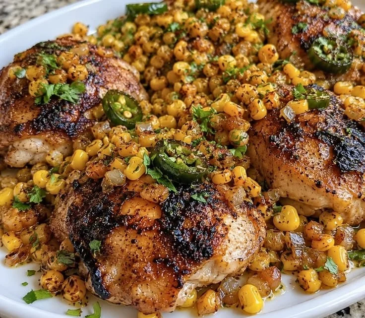 Blackstone Jalapeño Lime Chicken served with corn on a grill.