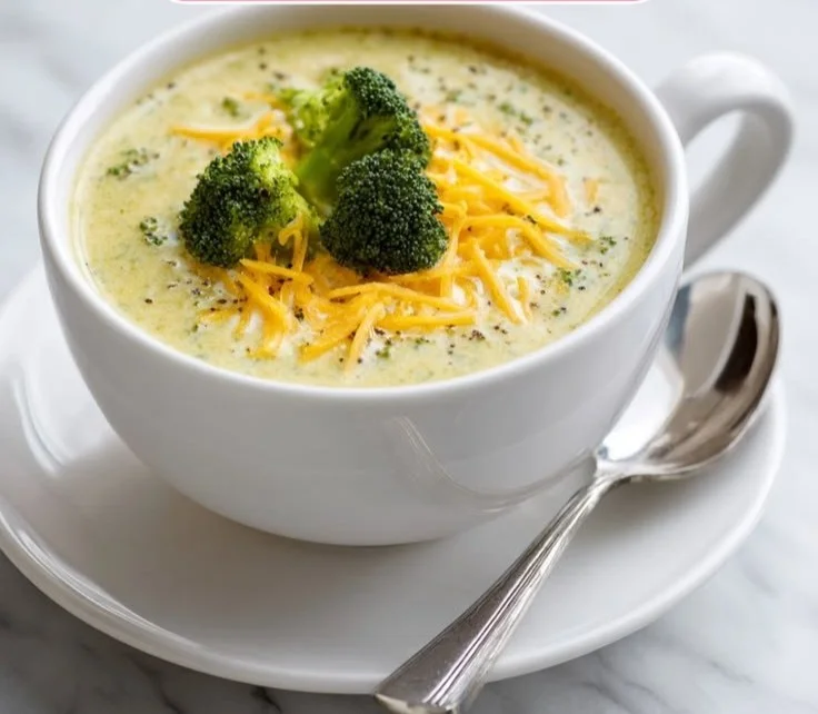Bowl of creamy broccoli cheddar soup topped with cheese and broccoli florets