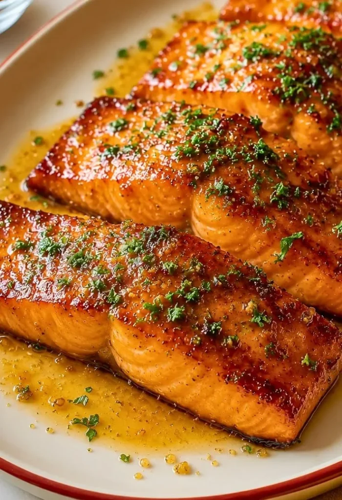 Delicious brown sugar grilled salmon on a plate with herbs and lemon